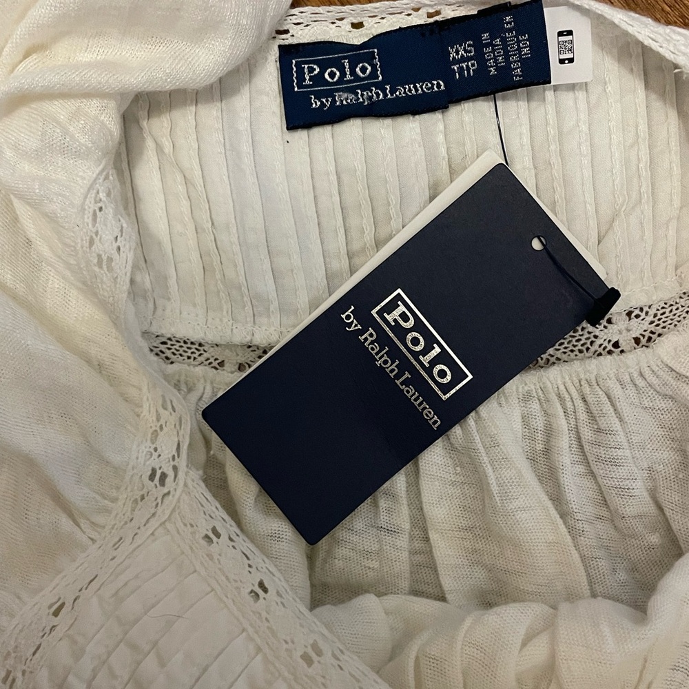 New Polo Ralph Lauren White Linen Blouse Ruffle Bell Sleeves Pullover Top XXS - Picture 9 of 17